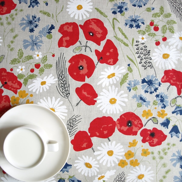 Linen tablecloth natural linen poppy meadow red white flowers Eco Friendly Napkins Placemats Runners Pillows Curtains Tea towel eco GIFT