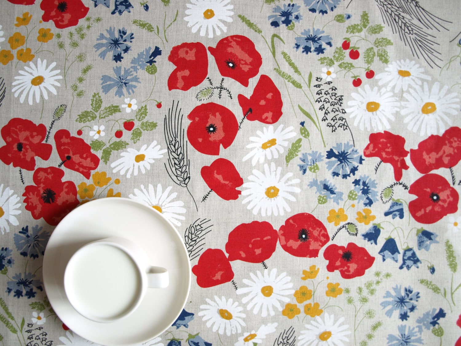 Linen Tablecloth Natural Linen Poppy Meadow Red White Flowers