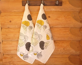 Linen Tea towel natural white with mustard yellow brown vegetables Kitchen towel Decorative towel Hand towel Rustic Home decor