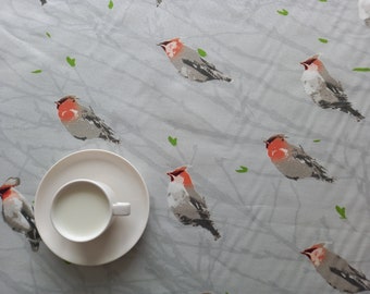 Curtain valance Tablecloth Beige Grey Orange Birds Botanic fabric Scandinavian Design Table linen Towel Pillow Napkins Eco Friendly GIFT