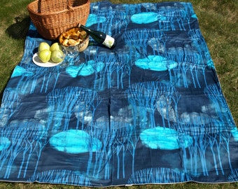 Picnic blanket Blue Trees grey white stars Waterproof  XL picnic blanket and BAG , outside beach summer cotton picnic blanket, Eco GIFT