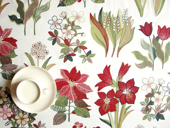 Tablecloth White red green flowers Floral Botanical Decor Scandinavian Design Table runner Napkins Curtains Pillows Tea towel great GIFT