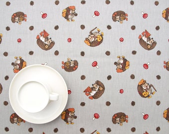 Tablecloth beige brown yellow hedgehogs mushrooms Harvest time Modern Scandinavian Design , napkins runners , curtains available, great GIFT