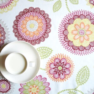 Tablecloth white yellow red green flowers Floral Decor Scandinavian Design , runner , napkins , curtains , pillows available, great GIFT