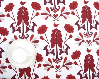 Tablecloth white burgundy red flowers Horses Modern Scandinavian Design ,also napkins , runners , curtains available, great GIFT