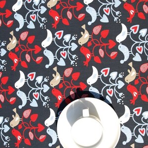 Tablecloth coal grey white red brown birds hearts Scandinavian Design , runner , napkins , curtains , pillows available, great GIFT