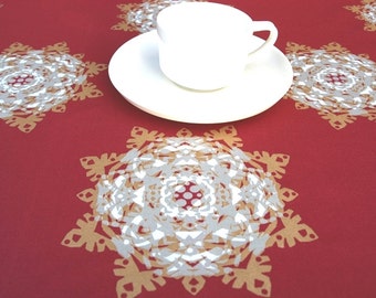 Christmas tablecloth deep red white beige gold Snow Flakes Xmas decor Napkins Runner Pillow Curtains Decorative towel great GIFT