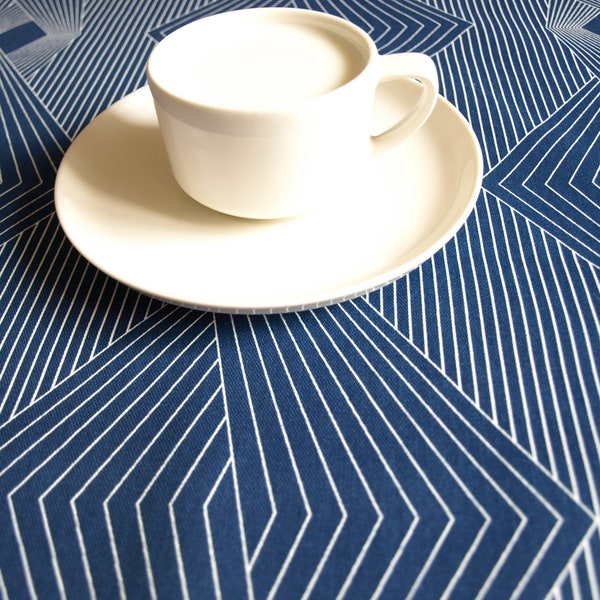 Tablecloth navy blue with white graphic lines 37"x37" or made to order your size, also napkins, table runner, curtains available, with GIFT