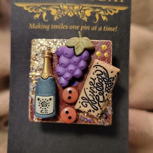 Wine brooch, Wine Pin, Wine bottle, Wine, grapes, cork E