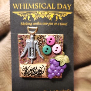 Wine brooch, Wine Pin, Wine bottle, Wine, grapes, cork A