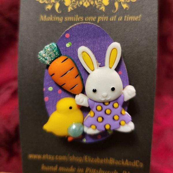 Easter Bunny pin, Easter Bunny Brooch, purple, white    Easter bunny, orange carrot, yellow peep