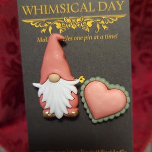VALENTINE Gnome, Valentine Gnome pin, Valentine Brooch, Valentines Day, Gnome brooch, Pink/denim blue trim  B