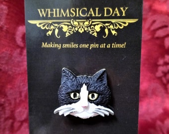 Cat brooch, Cat pin,  black and white cat face