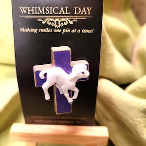 Hand Painted Easter Lamb wooden Cross Pin, Lamb that was slain