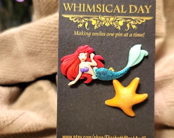 Ariel Mermaid Pin, Starfish, Disney Style Brooch