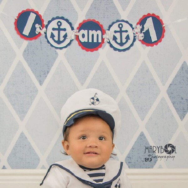 Nautical Highchair Banner, I am 1 Banner, Anchor, Navy Blue, Red, White, First Birthday Banner, Happy Birthday