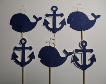 12 Anchor and Whale Cupcake Toppers, Navy Blue and White, Nautical, for Birthday, Baby Shower