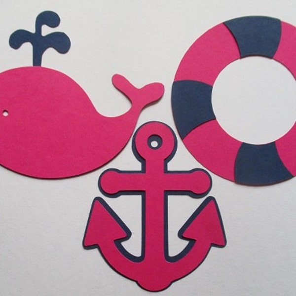 Set of 6- Nautical Whale, Anchor, and Life Preserver Cutouts, Baby Shower Decorations, Navy & Hot Pink