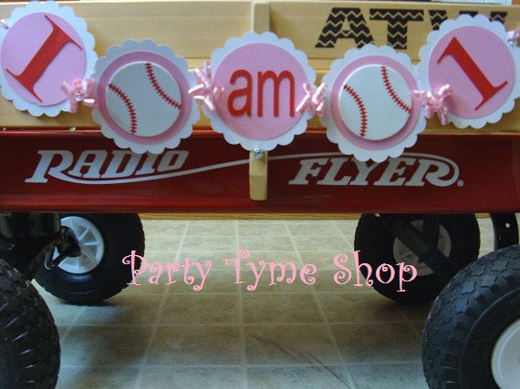 Baseball “I AM 1” Highchair Banner – Pink & White First Birthday Decor, Sports Theme Party Supplies