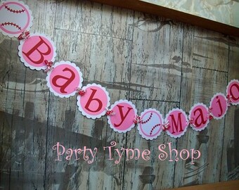 Baseball Name Banner , Baseball Decorations , Baseball Birthday Baby Shower Sprinkle, A League of their Own, Pink White and Red