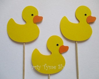 24 Duck Cupcake Toppers, Rubber Duck, for Birthday Party or Baby Shower, Yellow