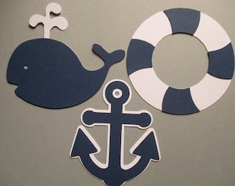 Nautical Whale, Anchor, and Life Preserver Cutouts, Baby Shower Decorations, Navy & White