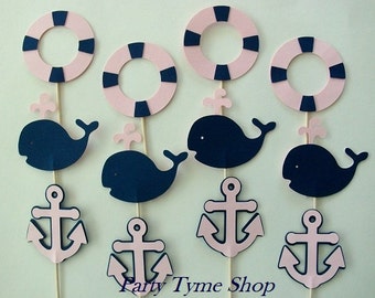 12 Baby Pink and Navy Blue Nautical Cupcake Toppers