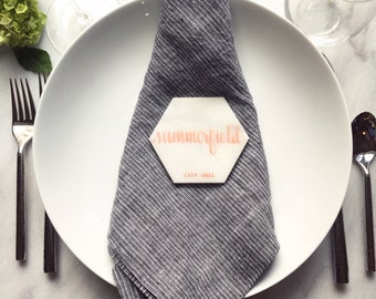 4" Marble Hex Tile Place Cards -- Calligraphy Place Cards on Carrera Marble Tiles -- Tile Coasters, Guest Favors, Place Cards