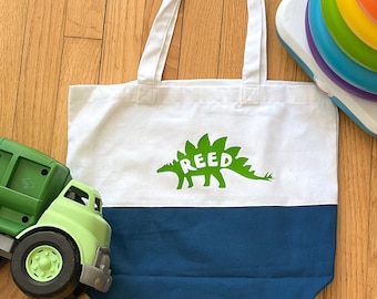 Personalized Two-Tone Canvas Tote Bag - CUSTOM Dinosaur Name Monogram - Perfect for Back to School, Toddler Boy, Daycare