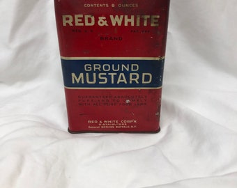 Red & White Ground Mustard TIN great for Vintage Decor Display