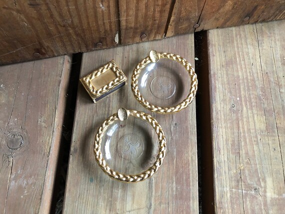 Vintage Personal Ashtrays 2 Plus Matchbook Cover Glass Gold Braid Rim Etched Fleur De Lis