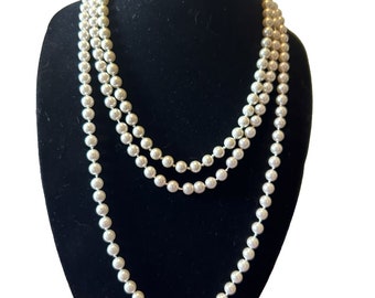 RMN Long Knotted Faux Pearl Necklace Gold Tone Clasp Gorgeous Pearls 72"