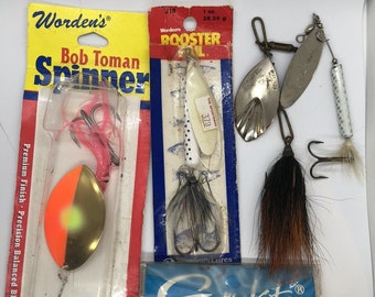 Fishing Lot Toman Spinners Lures Hooks Rooster Tail PFLueger Bait Fish Vintage