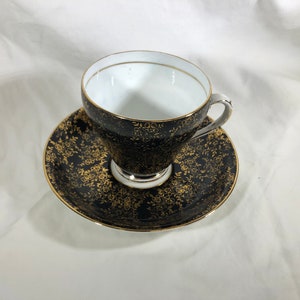 Royal Grafton Bone China Made in England Black Gold Tea Cup & Saucer Set Green Backstamp image 7