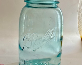 Antique Ball Mason Jar 1900-1923 Blue Aqua Glass Quart Dropped A Loop Removed