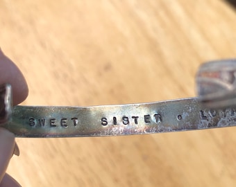 Sterling Silver Sister Friend Bracelet Embossed Floral Cuff Vintage