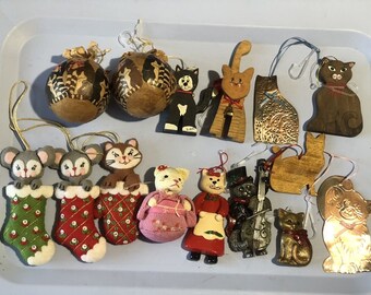 Cat Kitty Christmas Ornaments Lot of Soft Plush Wood Copper Holiday Tree Decor