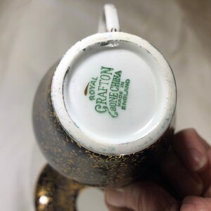 Royal Grafton Bone China Made in England Black Gold Tea Cup & Saucer Set Green Backstamp image 8