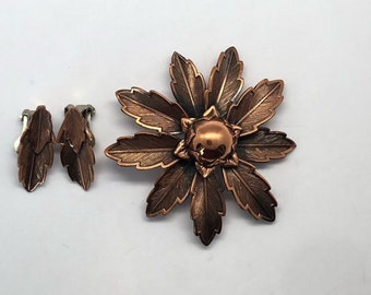 Copper Flower Leaf Brooch & Clip Earrings Set Bell Trading Co Vintage