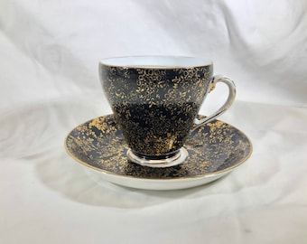 Royal Grafton Bone China Made in England Black  Gold Tea Cup & Saucer Set Green Backstamp