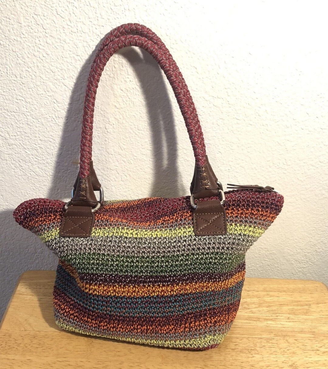 The Sak Multi Colored Crochet Tote Small Red Lining Faux Leather Chrome ...