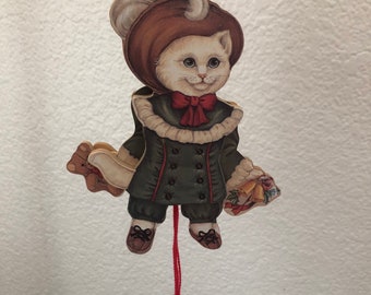 Pull String Victorian Cat Tudor Jumping Jack Puppet Christmas Ornaments 3D  Vntg '90 2 Sided EUC