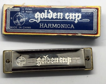 Vintage Golden Cup Harmonica 10 Holes 20 Reeds Box Gently Used Chrome