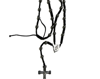 Catholic Rosary Crucifix Stainless Steel Cross Silver Beads Black Knotted Cord