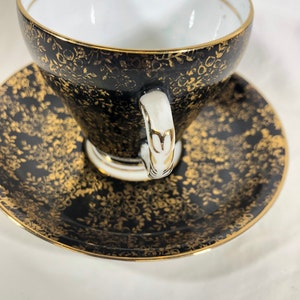 Royal Grafton Bone China Made in England Black Gold Tea Cup & Saucer Set Green Backstamp Bild 6