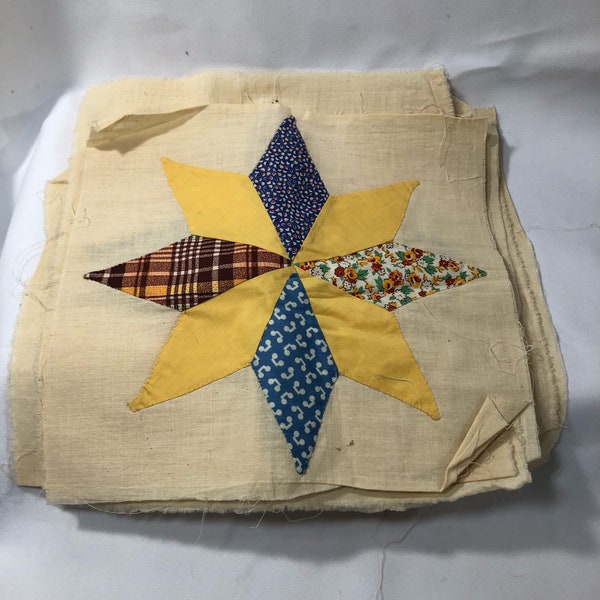 LOT of 9 Hand Sewn Star Quilt Blocks Yellow Muslin Vintage Fabric  11" x 11"