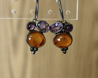 Sterling Silver Pierced Vintage Earrings Amber Amethyst Boho Modern