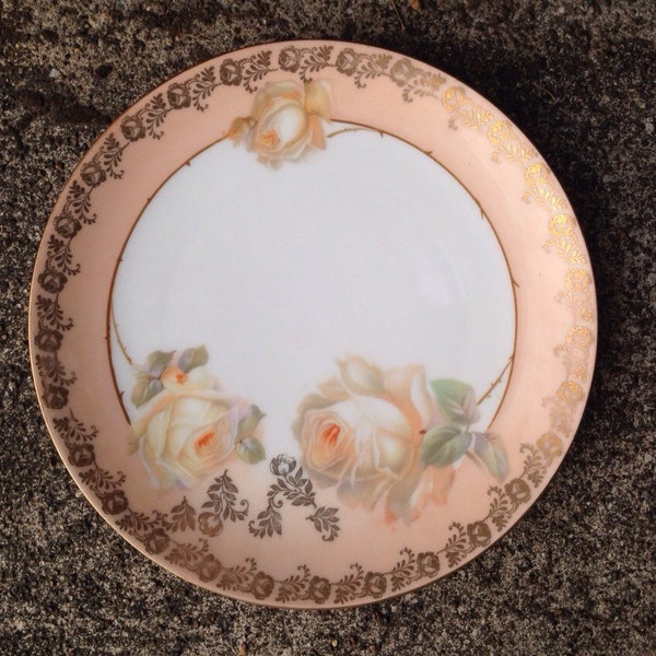 Peach Roses R S Germany 8" Luncheon Plate Gold Gilt Rim Hand Painted