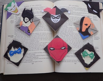 Bat Family Corner Bookmark: Handmade Laminated Superhero Gift. Batman, Robin, Nightwing, Batgirl, Redhood, Joker, Harley Quinn, Deathstroke