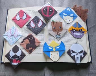 Marvel Spider-man, Venom, Miles Morales, SpiderGwen, Deadpool, Baby Groot, Captain America, Wolverine, Black Panther, Thanos Corner Bookmark